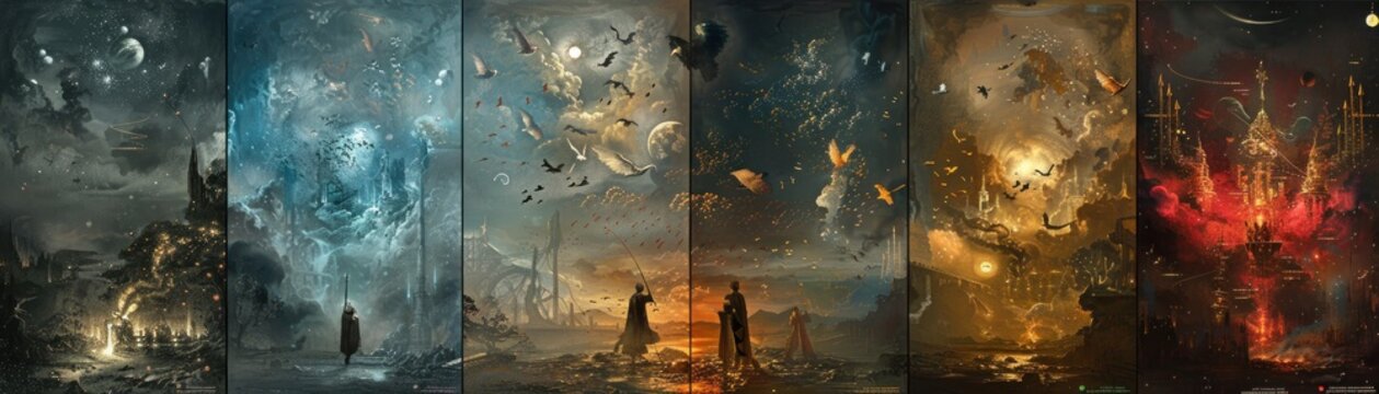 An epic series of fantasy artworks, displaying mythical worlds with celestial elements, mystical landscapes, and otherworldly architecture.