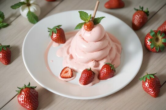 homemade strawberry ice cream on a stick in a plate with strawberries
