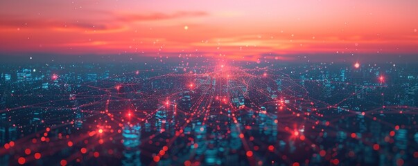 A high-angle view of a cityscape with network data connections and visualization of city infrastructure, symbolizing urban technology integration.