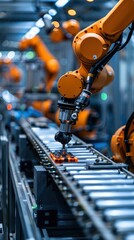 High-tech automated orange robotic arms on a factory line, depicting precision and modern manufacturing.