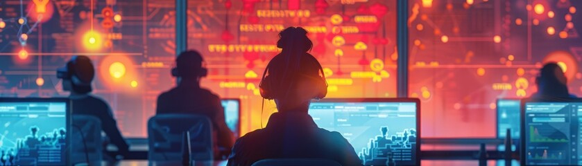 A network operations center with a futuristic approach, where team members are engrossed in data monitoring on state-of-the-art transparent displays.