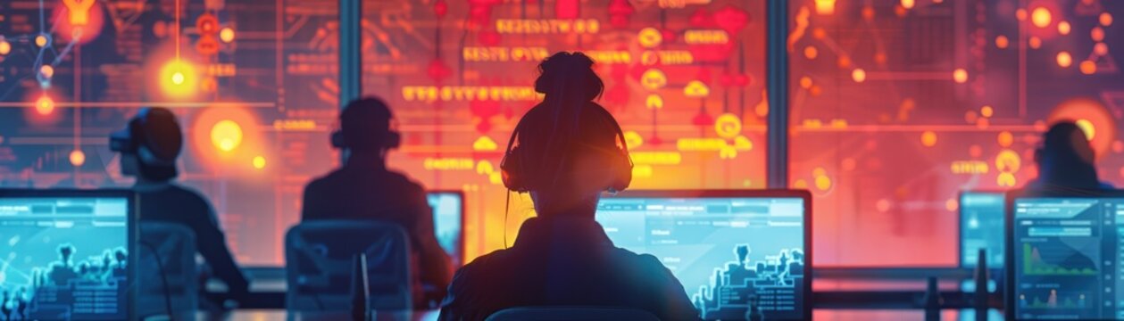 A network operations center with a futuristic approach, where team members are engrossed in data monitoring on state-of-the-art transparent displays.