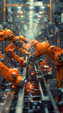 Orange robotic arm working on a production line amidst sparks, symbolizing industrial automation and technology.