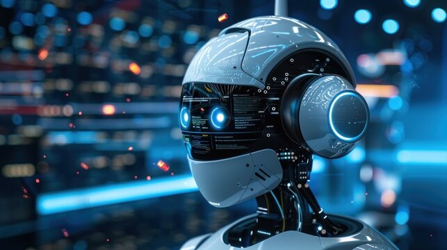 Close-up of a robot's head with illuminated blue eyes and digital data displays in a high-tech environment
