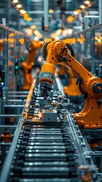A close-up of a high-tech robotic arm engaged in precise manufacturing activities on a factory production line