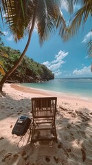 Unique remote office setup on a tropical beach with a wooden chair and a fax machine, blending work and nature.