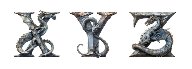 Letters X, Y, Z in dragon style. Unusual fantasy font on the transparent background.