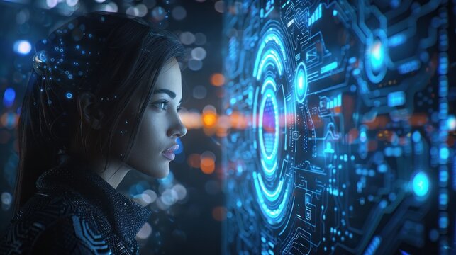 A young woman engages with a holographic interface filled with digital circuit patterns and light