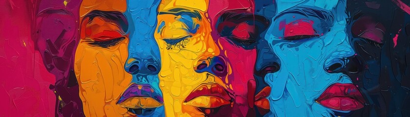 A textured canvas comes alive with modern art depicting colorful, expressive faces, representing...