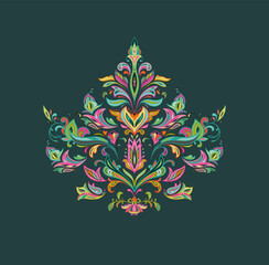 Vector oriental motif on green background. Beautiful paisley ornament. - 741469635