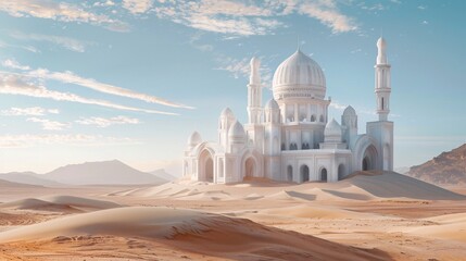 Beautiful White mosque in the desert. Ramadan Background. Ai Generative