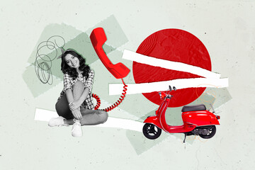 Composite creative magazine collage of smile girl receive orders dispatcher handset delivery...
