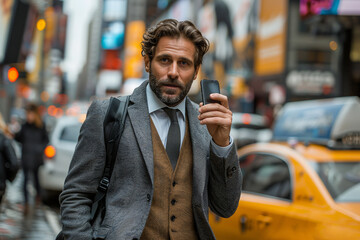 Stylish businessman in a coat using a smartphone on a busy New York City street with taxis.