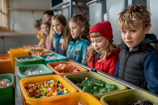 A group of focused children learning to recycle, sorting various materials into colorful bins at school.