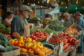 Senior vendor with cap arranging a colorful display of fresh tomatoes at a lively outdoor market.