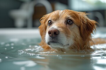 A majestic brown dog of a specific breed happily paddles in the refreshing water of an outdoor pool, embodying the perfect combination of pet and playful mammal - obrazy, fototapety, plakaty