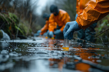 Environmental scientists in orange protective gear collecting water samples from a river for analysis.