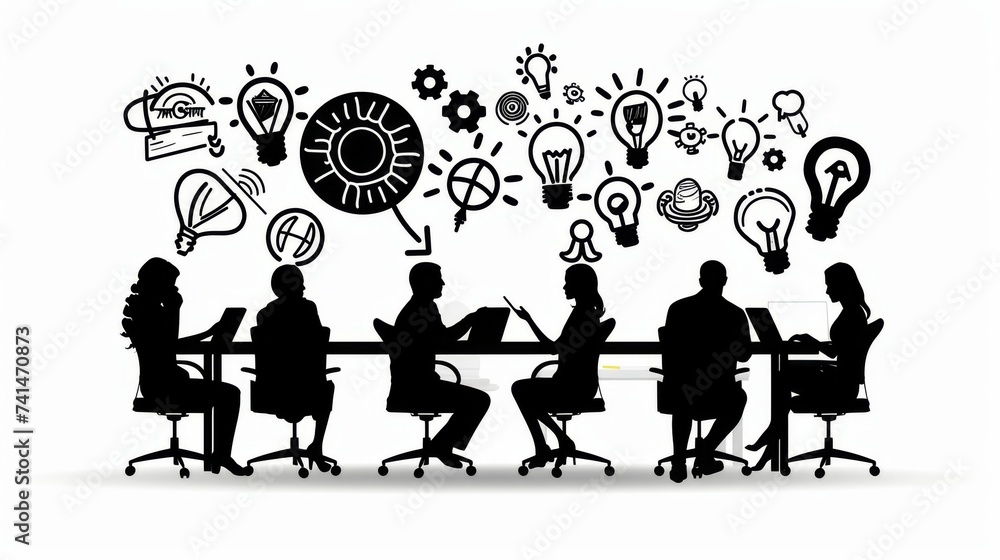 Poster silhouette of a team in a brainstorming session with a dynamic array of idea and innovation icons ab