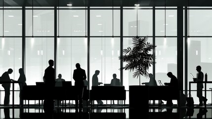 Silhouetted figures of professionals engaged in various activities in a modern office setting with large, bright windows.