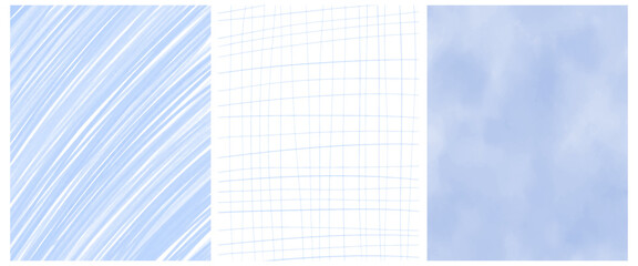 Trendy Hand Drawn Abstract Vector Layouts with Copy Space. Blue Scribbles and Grid on a White Background. Light Blue Irregular Abstract Watercolor Painting-like, With a Visible Brush Mark. RGB.