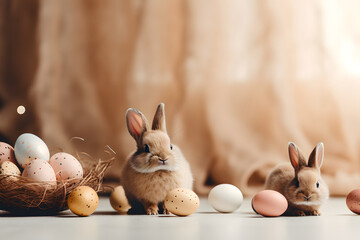 Cute and colorful easter eggs and bunny studio background with copy space - obrazy, fototapety, plakaty