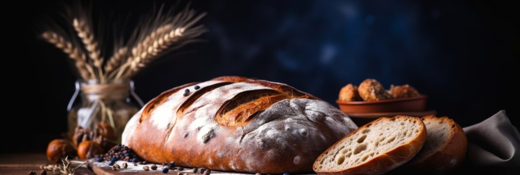 Fresh fragrant appetizing bread with space for text banner, delicious homemade pastry loaf