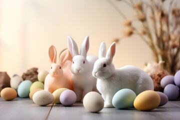 Fototapeta na wymiar Cute and colorful easter eggs and bunny studio background with copy space
