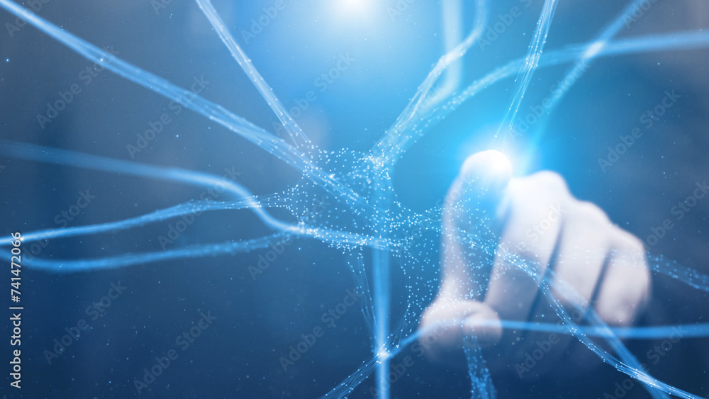 Canvas Prints scientist typing on digital 3d screen with neuron cells illustration.