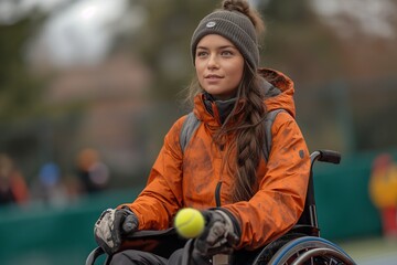 Obraz premium A determined woman in a wheelchair eagerly awaits her turn to play tennis, her trusty ball by her side, dressed in a sporty jacket and surrounded by the excitement of outdoor sports equipment and the
