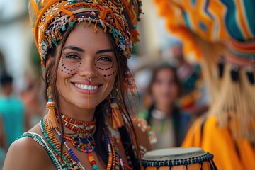 A joyous woman adorned in a headdress and hat, grinning with her drum in hand, brings vibrant energy to the festival as she showcases her unique fashion sense - obrazy, fototapety, plakaty