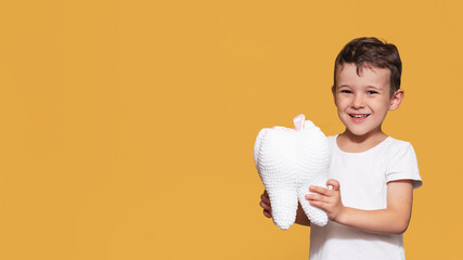 A smiling boy with healthy teeth holds a plush tooth in his hands on isolated background. Oral hygiene. Pediatric dentistry. Prevention of caries. A place for your text.