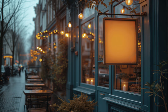 Cozy Cafe Exterior with Warm Lights on a Dusky Evening. Generative AI image