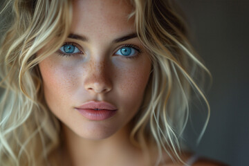Intense gaze of a blonde woman with striking blue eyes Generative AI image