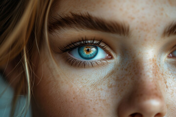 Intense gaze captured in a close-up of a woman's blue eye Generative AI image