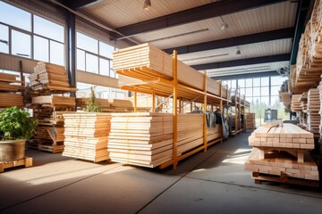 Well-ordered warehouse featuring neatly arranged stacked wooden beams and expansive windows