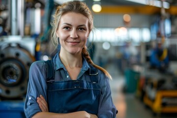 Lächelnde Arbeiterin Industriefabrik Fachkraft Ingenieurin Produktionsumgebung Teamarbeit Sicherheitsausrüstung Mechanik Qualitätskontrolle Fertigungstechnik Arbeitsmoral