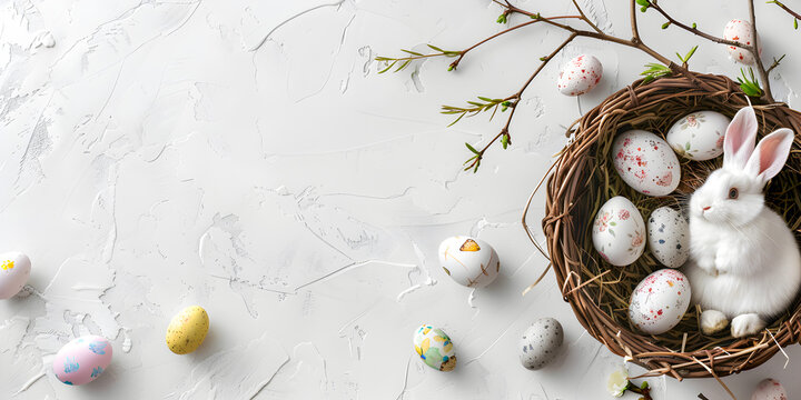 Easter eggs in a nest on concrete background