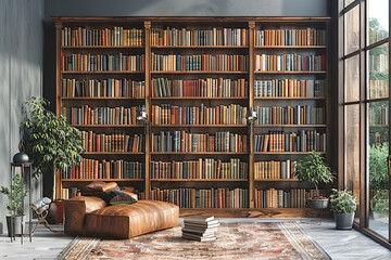 The living room, which also serves as a study, has a large bookshelf containing many books to satisfy the homeowner's education and intellectual curiosity. - obrazy, fototapety, plakaty