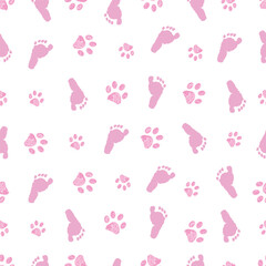 Foot prints and paw prints seamless baby shower design pattern