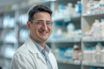 Obraz premium Freundlicher Apotheker Beratung Apotheke Gesundheitspflege Medikamente Fachwissen Kompetenz Patientenbetreuung Pharmazie Service Qualität Vertrauen Gesundheit Berufsleben