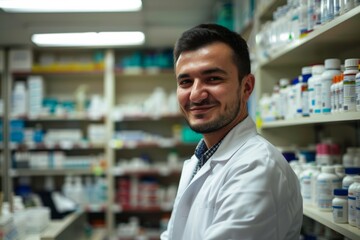 Obraz premium Freundlicher Apotheker Beratung Apotheke Gesundheitspflege Medikamente Fachwissen Kompetenz Patientenbetreuung Pharmazie Service Qualität Vertrauen Gesundheit Berufsleben