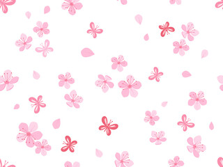 Seamless pattern with cherry blossom Sakura flower and butterflies on white background vector illustration. Cute floral print.