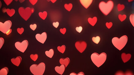 Horizontal background, wedding, Valentine's day. Red bokeh in the shape of hearts. AI generative.