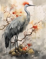 A Ciconiiformes bird painting showing a crane standing by a tree branch