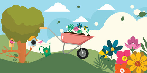 Fototapeta premium vector spring background illustration with flowers and leaves. bird houses on trees, flower carts and beautiful spring views