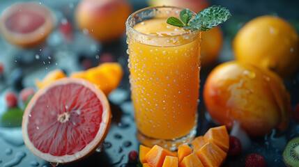 a glass of orange juice with a mint leaf on top is surrounded by fruit - obrazy, fototapety, plakaty