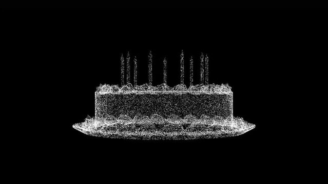 3D Cake with candles rotates on black background. Festive concept. Birthday Cake. Business advertising backdrop. For title, text, presentation. 3d animation 60 FPS
