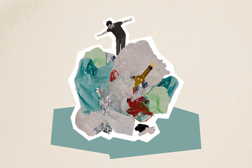 Creative abstract collage young man stands on lot of garbage planet dirty save Earth pollution...