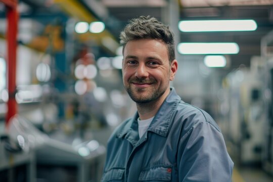 Erfahrener Fabrikarbeiter L&auml;cheln Produktionsst&auml;tte Fachkompetenz Industriearbeit Teamgeist Qualit&auml;tssicherung Fertigungstechnik Arbeitssicherheit Effizienz Mitarbeiterzufriedenheit