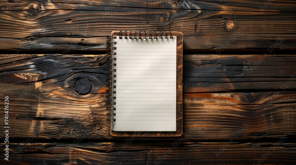 Poster On a rustic wood table, a blank notepad with the phrase 